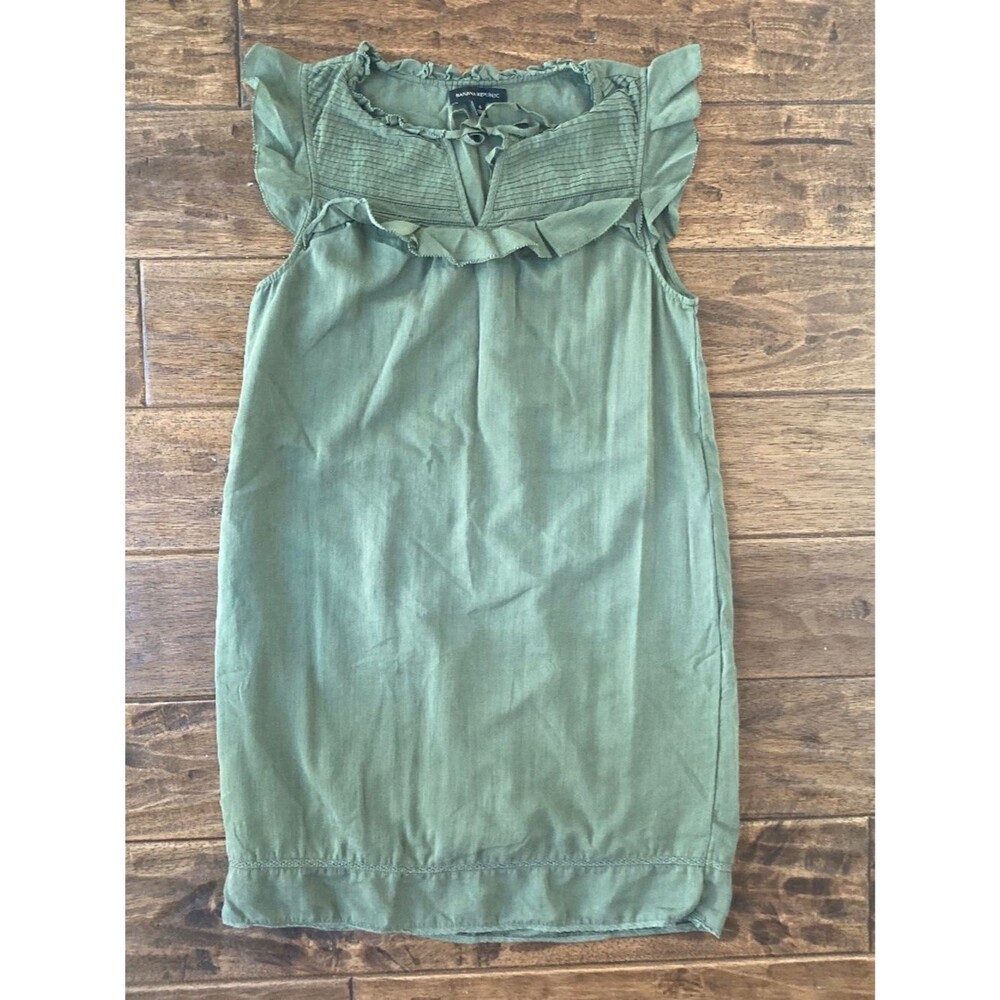 Banana Republic Olive Green Shift Dress Sz 4 Ruffle Sleeve Lightweight